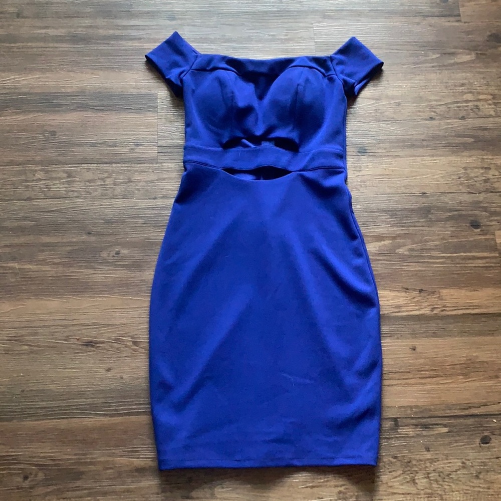 Blue off the shoulder/ cap sleeve cocktail dress